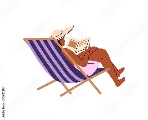 Woman relaxes in chaise lounge and gets sun tan on beach. Girl is sunbathing on deck chair in sea resort. Person is on sunbed in summer vacations. Flat isolated vector illustration on white background