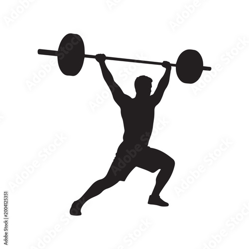 Strong Weightlifter Silhouette Lifting Heavy Barbell Overhead Isolated On A White Background. 