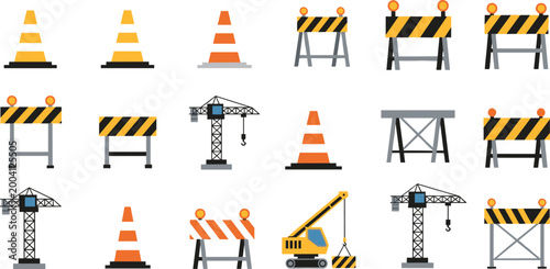 Construction Site Safety Icon Set with Cranes, Traffic Cones, Barriers, and Warning Signs for Websites, Apps, and Digital Media Designs