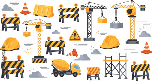 Construction Safety Icon Set with Cranes, Traffic Cones, Barriers, Warning Signs, and Tools for Websites, Apps, and Digital Media Designs