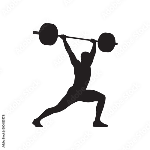 Strong Weightlifter Silhouette Lifting Heavy Barbell Overhead Isolated On A White Background. 