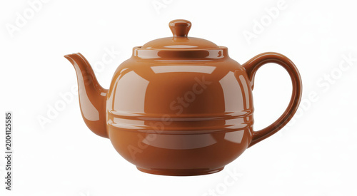 Shiny brown ceramic teapot with a lid and handle isolated on a plain white background, for tea