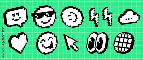 Pixel UI icon pack in retro 8-bit style on green grid background. Cursor, lightning, cloud, globe, emoji reaction icons. Interface elements for apps, dashboards, digital system, modern digital product
