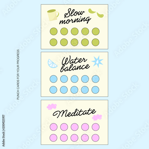 Creative colourful punch cards for progress skills. Motivated actions cards.