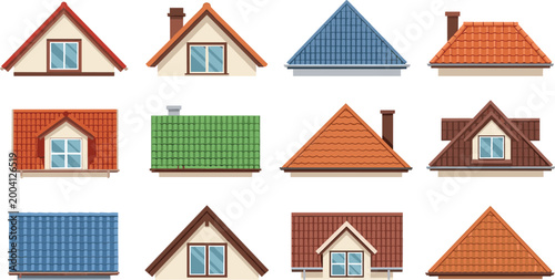 House Roof Icon Set with Various Designs and Colorful Roofing Styles for Websites, Apps, and Digital Media Designs
