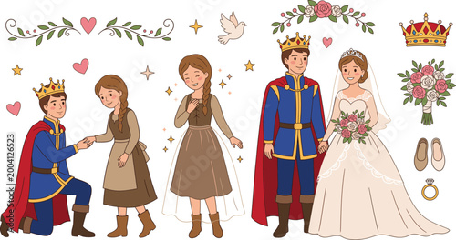 Royal Wedding Vector Set with Prince, Princess, Crown, Bouquet, and Wedding Symbols for Love, Romance, and Marriage Design