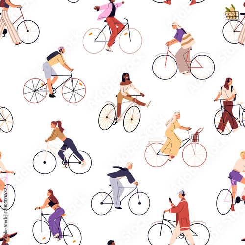 Repeatable pattern of people are cycling. Endless background of cyclists crowd riding bikes in summer. Men and women drive bicycles, have fun, and walk outdoors. Flat seamless vector illustration