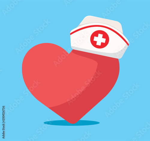 Heart with Nurse Hat and Cross Healthcare Concept Medical Vector Illustration
