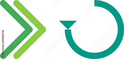 Minimalist green forward chevrons and teal circular refresh arrow icons isolated on white background illustration