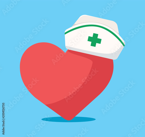 Heart with Nurse Hat and Cross Healthcare Concept Medical Vector Illustration