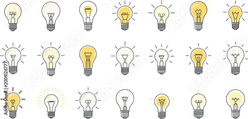 Light Bulb Icon Set with Various Designs and Brightness Effects for Websites, Apps, and Digital Media Designs