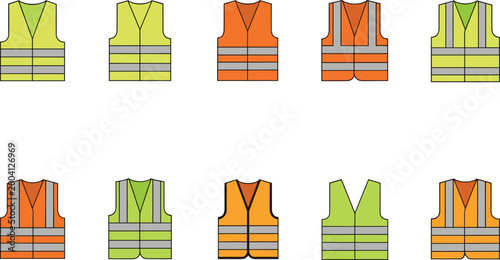 Minimalistic Safety Vest Icon Set with Reflective Stripes in Green, Yellow, and Orange for Websites, Apps, and Digital Media Designs