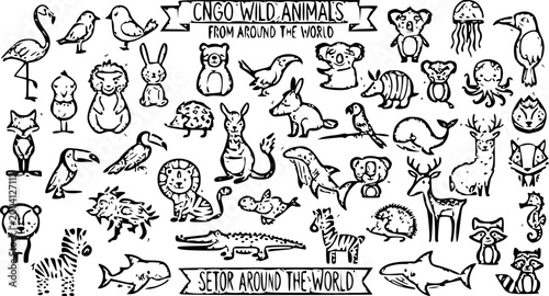 Canvas Print cute wild animals from around the world cartoon character collection with global
