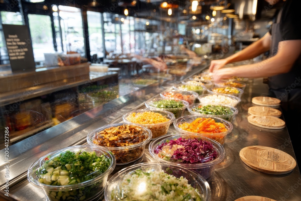 Obraz premium Colorful multi-dish takeout packs arranged for customer pickup in a dine-in kitchen setting