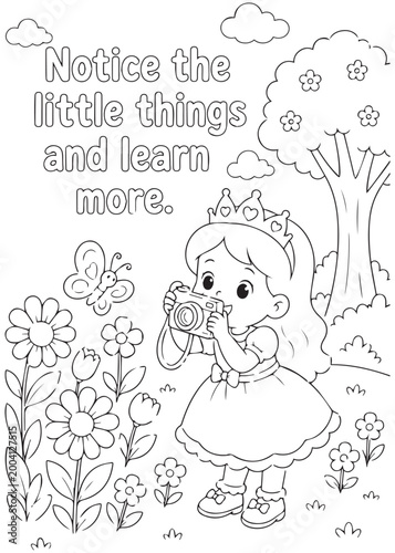 coloring book page queen noticing tiny flowers and learning more from nature