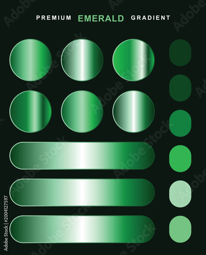 Premium emerald metallic gradient vector set. Features glossy green circles and rounded rectangle buttons. Includes solid color palette swatches.