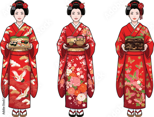 Traditional Japanese Woman in Kimono Vector Set with Sushi, Tea, and Floral Patterns for Cultural, Cuisine, and Traditional Design