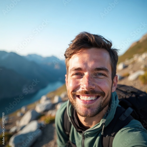 Joyful Hiker Smiling at Scenic Mountain View