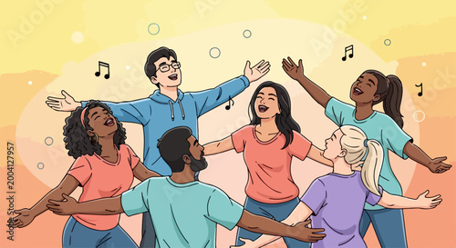 Group of diverse people joyfully singing together with raised hands and musical notes illustration. Bright cheerful vector style for teamwork, celebration, and unity concepts.