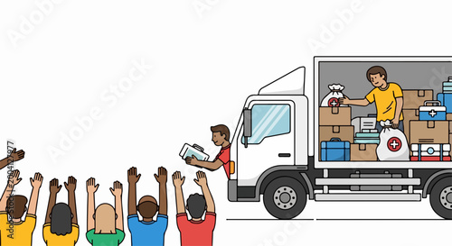 Community food distribution with delivery truck and volunteers handing out supplies. Colorful illustration of charitable aid featuring diverse group of people.