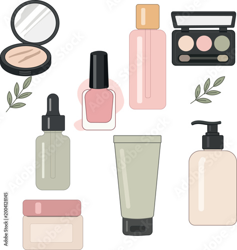 Cosmetic Packaging Set with Cream Jars, Oil Bottles, Eyeshadow, Powder and Nail Polish