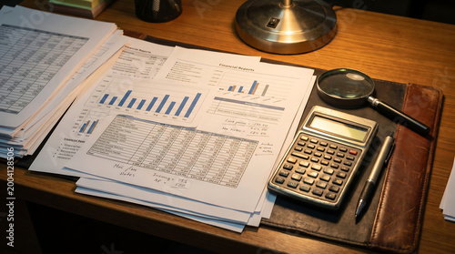 close-up of financial documents with calculator and magnifying glass on desk