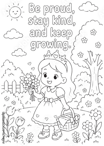 coloring book page queen standing proudly with kind growing energy in the garden