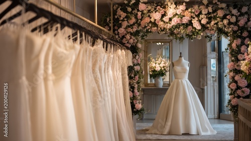 Bridal boutique interior with dresses on display and a mannequin wearing a gown