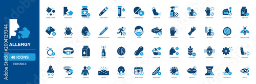 Medical Symptoms and Allergy Solid Icon Set Treating Airborne Antihistamine Asthma Epinephrine Histamine Rash Sneezing Dander Soybean Swollen Throat Dust Pollen Irritation Sickness Health