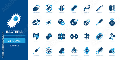 Microbe Germs and Bacteria Solid Icon Set Examining Cell Flagellum Colony Petri Swab Immunity Antigen Organism Epidemic Infection Pathogen Illness Gut Mutation Fever Science Disease Virus