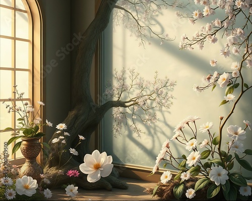 Serene cherry blossom tree with white flowers inside sunlit room on soft background