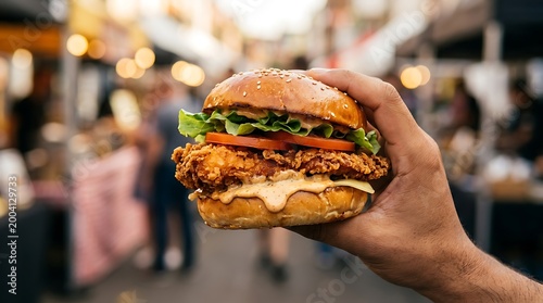 A hand holding a delicious fresh burger with lettuce and tomato at a busy street food market