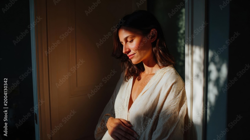 Fototapeta premium Young woman standing in front of a window, looking out with a peaceful expression on her face. she is wearing a white robe with a plunging neckline and long sleeves.