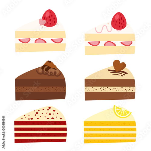 Set of six birthday cake slices including chocolate strawberry and lemon isolated on white background