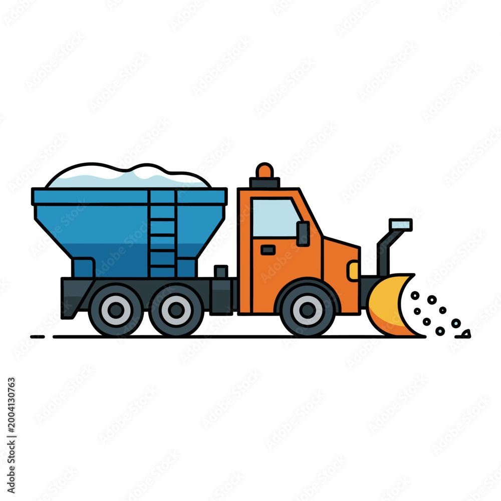 Fototapeta premium Snowplow truck with large blue container and orange cabin spreading snow