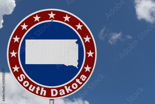 South Dakota map with stars on a US red, white and blue road sign