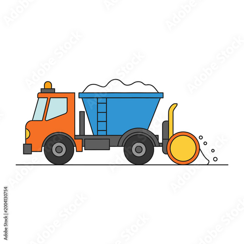 Cartoon orange truck with blue dumpster and yellow road roller attachment