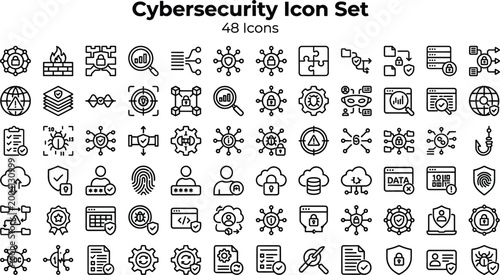 Cybersecurity icon set featuring network protection data security encryption threat monitoring and modern digital outline vector symbols collection