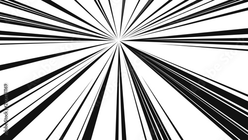 Abstract black motion lines converging to the center on transparent background. Dynamic radial speed effect in manga style, perfect for comic action scenes, energy bursts, zoom effects.