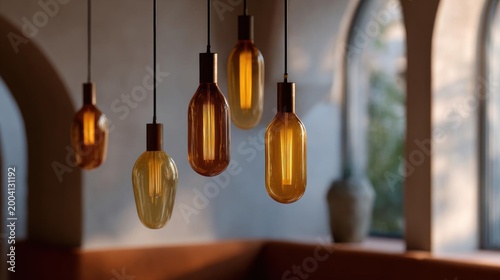 Group of six light bulbs hanging from a string in a room with arches and a window in the background.