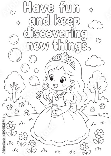 Coloring book queen play bubble air in the simple garden