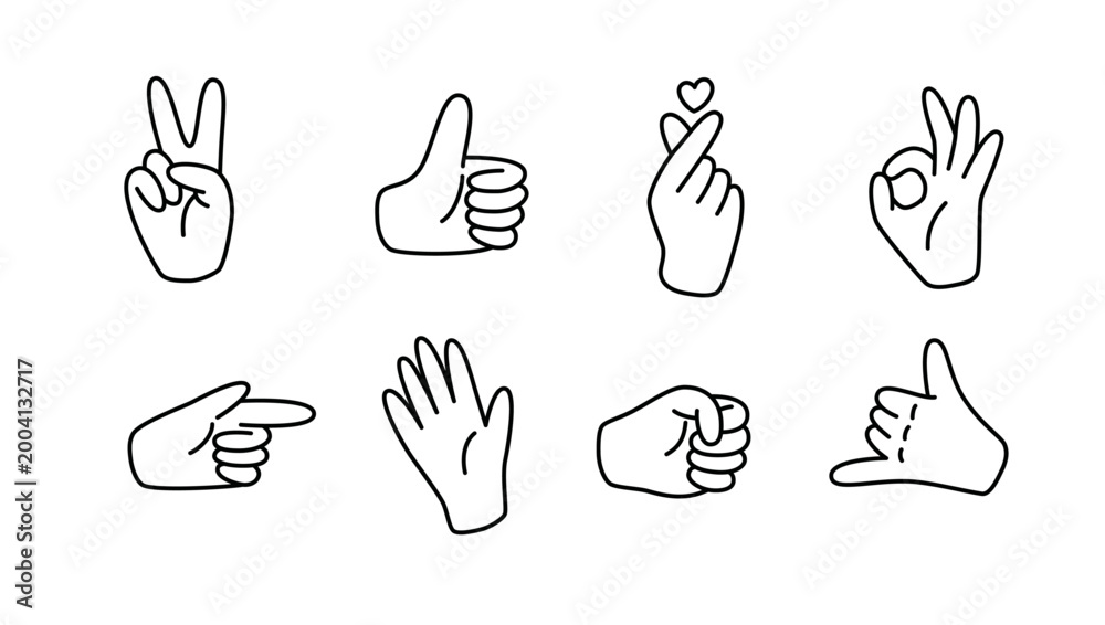 Fototapeta premium Minimalistic linear gestures set includes fist, peace, hang loose, hand heart, thumbs up, hi, OK, and pointing 