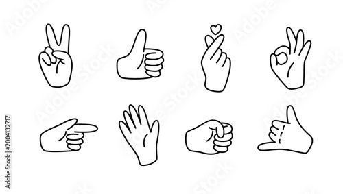 Minimalistic linear gestures set includes fist, peace, hang loose, hand heart, thumbs up, hi, OK, and pointing 