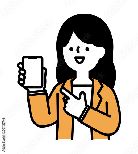 画面を見せながらスマホを指差す笑顔の女性のイラスト