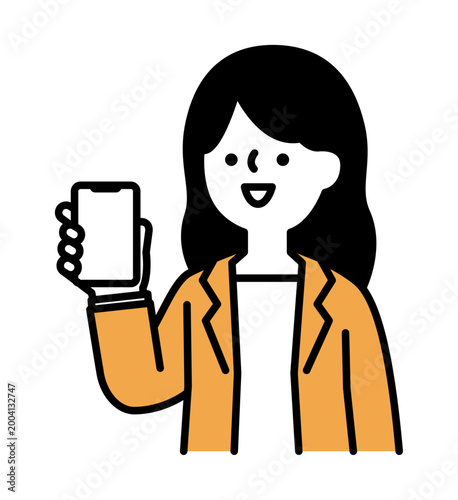 スマートフォンの画面を見せる笑顔の女性のイラスト