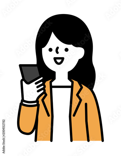 スマホで通話する笑顔の女性のイラスト