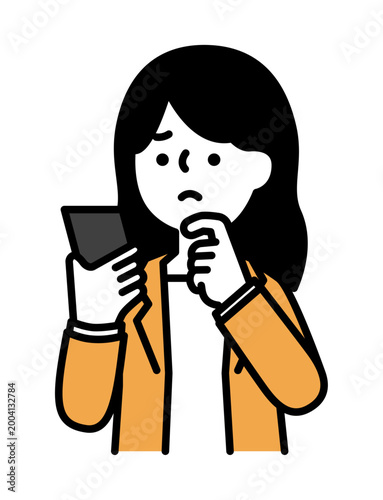 スマホを見ながら悩んでいる女性のイラスト