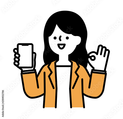 OKジェスチャーをしながらスマホを見せる笑顔の女性のイラスト