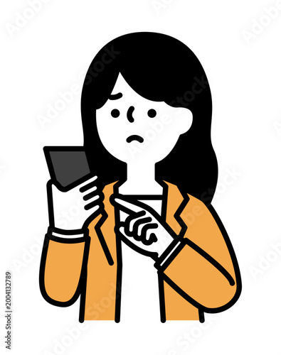 困り顔のスマホを操作する女性のイラスト