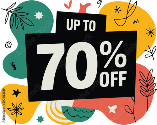 Up to 70 percent off clearance sale graphic with decorative organic floral element shapes.